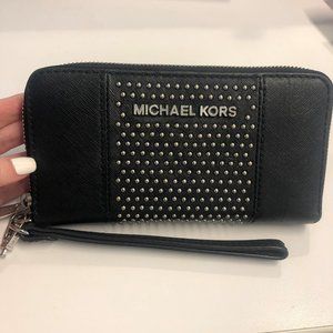 Michael Kors Black Leather Studded Wristlet Wallet Phone Holder